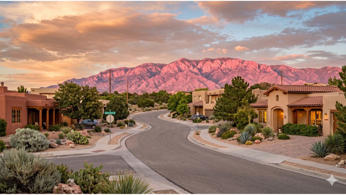 Homes in Four Hills with the Sandia Mountains glowing at sunset